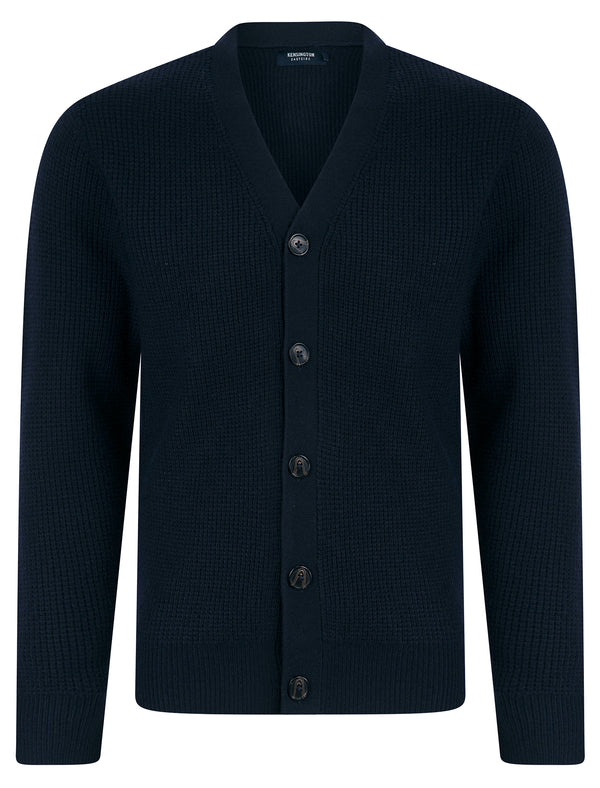 Chau Waffle Knit V-Neck Button Down Cardigan in Navy - Kensington Eastside