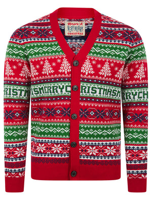 Men's Design Jacquard Knit Novelty Knitted Christmas Cardigan in George Red - Merry Christmas