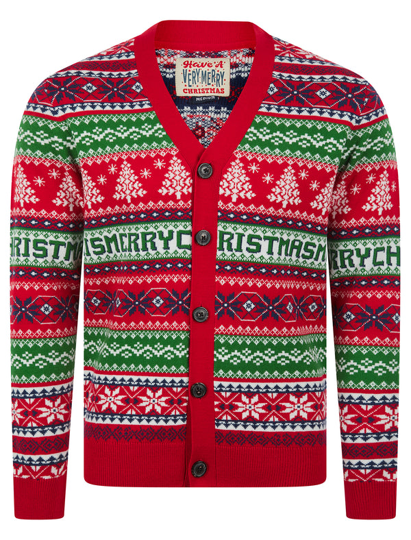 Men's Design Jacquard Knit Novelty Knitted Christmas Cardigan in George Red - Merry Christmas