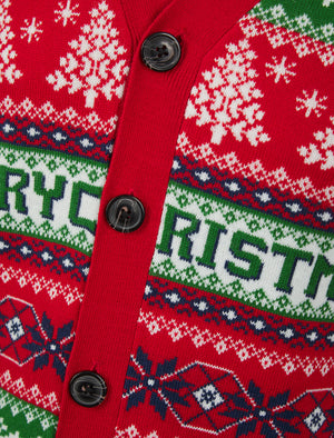 Men's Design Jacquard Knit Novelty Knitted Christmas Cardigan in George Red - Merry Christmas
