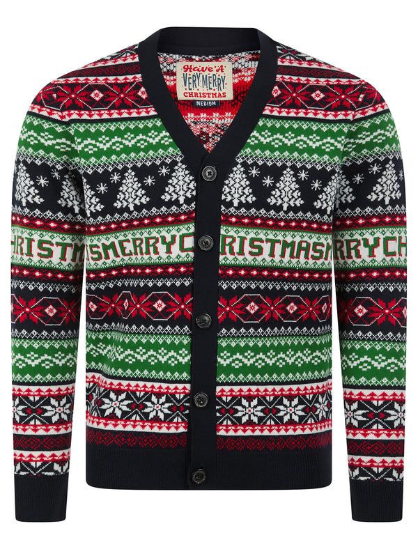 Men's Design Jacquard Knit Novelty Knitted Christmas Cardigan in Ink - Merry Christmas
