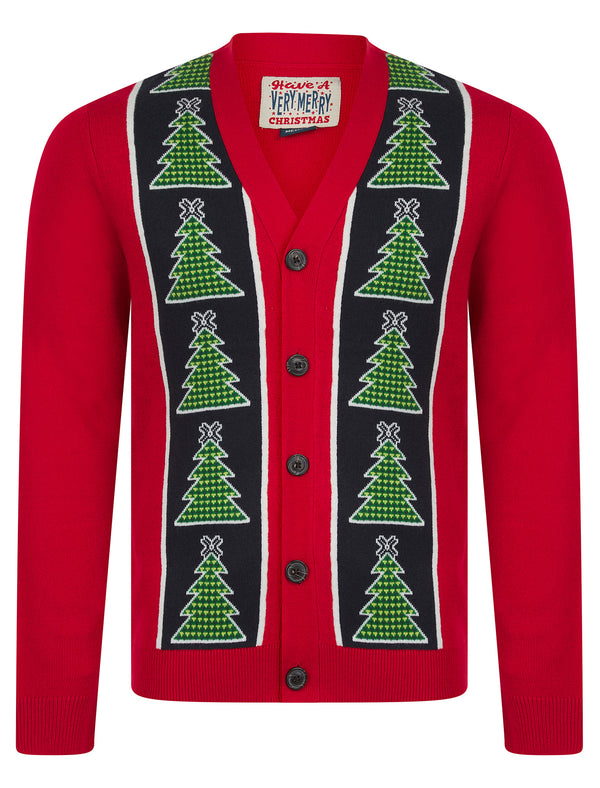 Men's Osier 2 Christmas Tree Pattern Novelty Knitted Christmas Cardigan in George Red - Merry Christmas