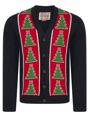 Men's Osier 2 Christmas Tree Pattern Novelty Knitted Christmas Cardigan in Ink - Merry Christmas