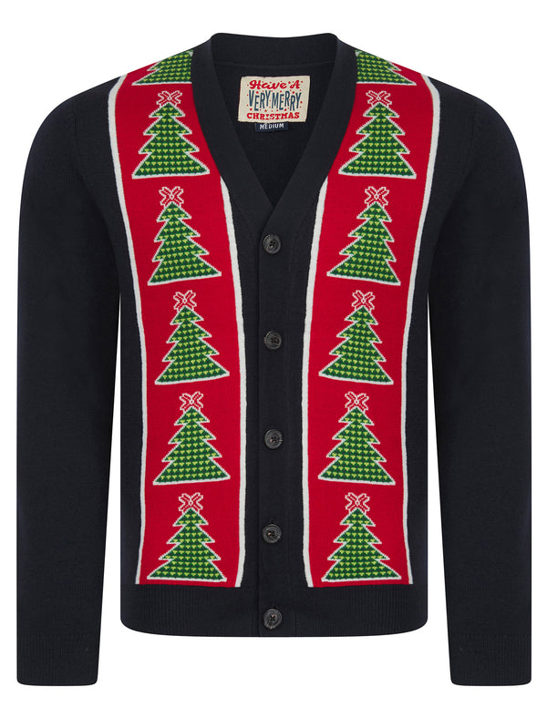 Men's Osier 2 Christmas Tree Pattern Novelty Knitted Christmas Cardigan in Ink - Merry Christmas