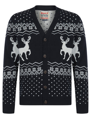 Men's Deers Novelty Jaquard Knit Nordic Style Christmas Cardigan in Ink - Merry Christmas