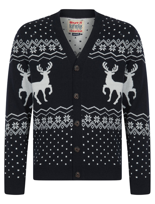 Men's Deers Novelty Jaquard Knit Nordic Style Christmas Cardigan in Ink - Merry Christmas