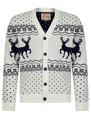 Men's Deers Novelty Jaquard Knit Nordic Style Christmas Cardigan in Laundered Ecru - Merry Christmas