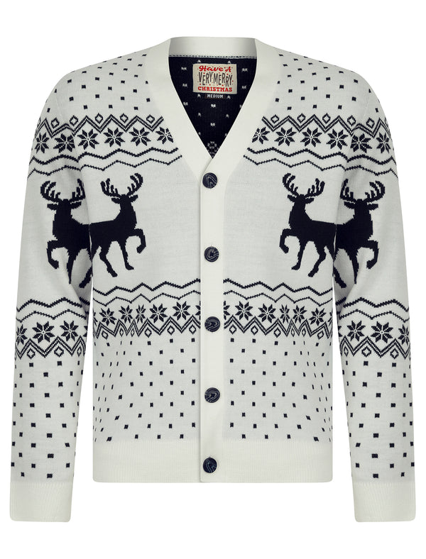Men's Deers Novelty Jaquard Knit Nordic Style Christmas Cardigan in Laundered Ecru - Merry Christmas