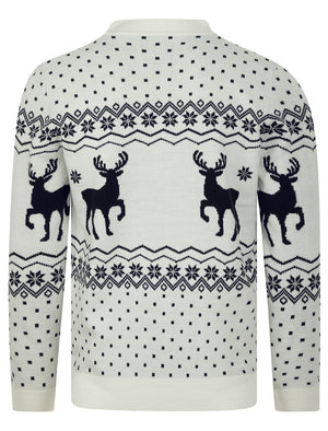 Men's Deers Novelty Jaquard Knit Nordic Style Christmas Cardigan in Laundered Ecru - Merry Christmas