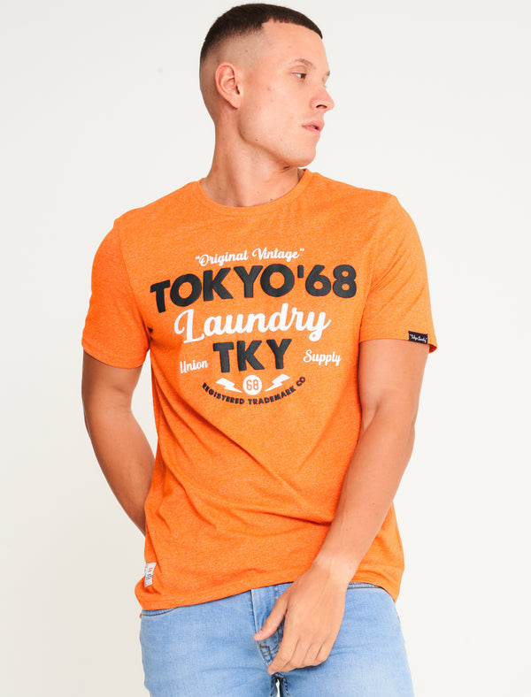 Watcher Motif Cotton Jersey Grindle T-Shirt in Orange - Tokyo Laundry