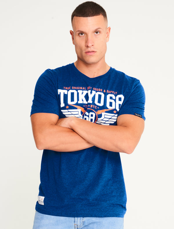 Boxed Motif Cotton Jersey Grindle T-Shirt in Blue / Black - Tokyo Laundry