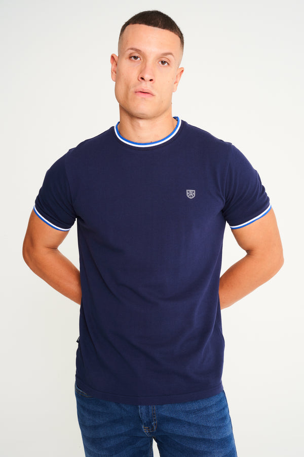 Westmoor Cotton Jersey Crew Neck Ringer T-Shirt in Sky Captain Navy - Kensington Eastside