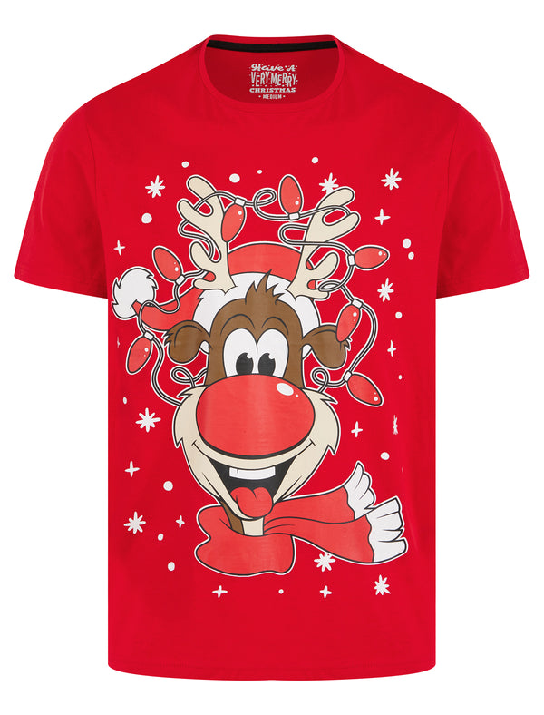 Men's Rudolph 23 Snowflake Motif Novelty Cotton Christmas T-Shirt in Barados Cherry - Merry Christmas