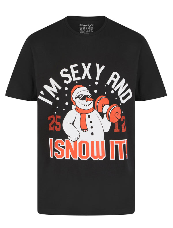 Men's Snowman Weights Motif Novelty Cotton Christmas T-Shirt in Jet Black - Merry Christmas
