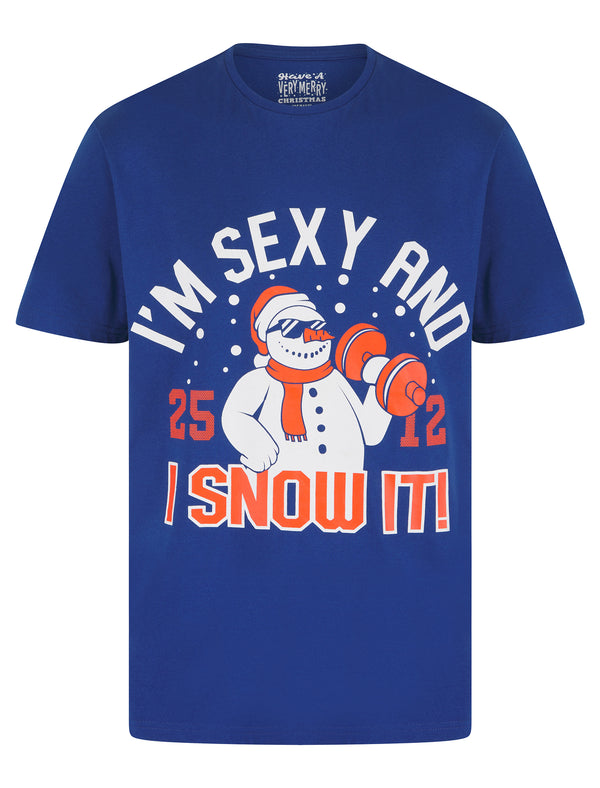 Men's Snowman Weights Motif Novelty Cotton Christmas T-Shirt in Limoges Blue - Merry Christmas