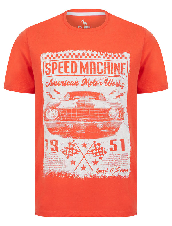 Speed Machine Motif Cotton Jersey T-Shirt in Hot Coral - South Shore