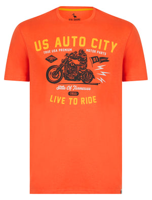 Auto City Motif Cotton Jersey T-Shirt in Hot Coral - South Shore