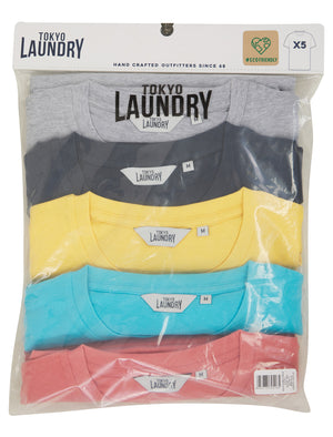 Spectre (5 Pack) Crew Neck Cotton T-Shirts in Light Grey Marl / Sky Captain Navy / Mimosa Yellow / Blue Atoll / Faded Peach - Tokyo Laundry