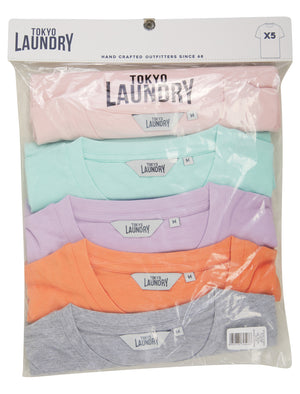 Spectre (5 Pack) Crew Neck Cotton T-Shirts in Chalk Pink / Limpet Shell / Lilac Breeze / Dusty Orange / Light Grey Marl - Tokyo Laundry