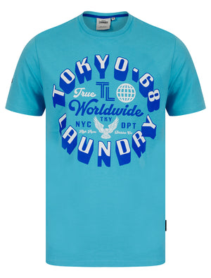 Crossing Motif Cotton Jersey T-Shirt in Aquarius Blue - Tokyo Laundry