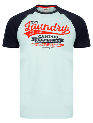 Milwaukee Baseball Style Raglan Sleeve Cotton Jersey Crew Neck T-Shirt in Maritime Blue - Tokyo Laundry