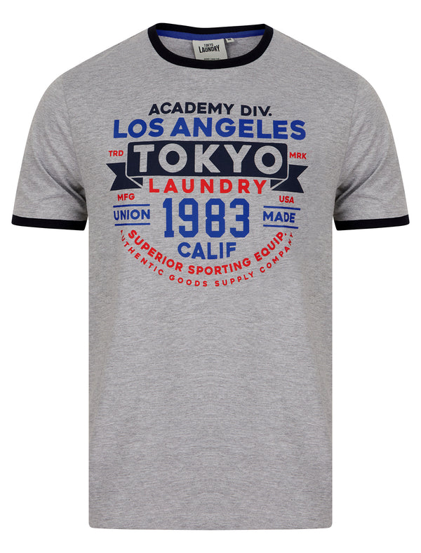 Ryobi Motif Jersey Grindle Crew-Neck Ringer T-Shirt in Light Grey Marl - Tokyo Laundry