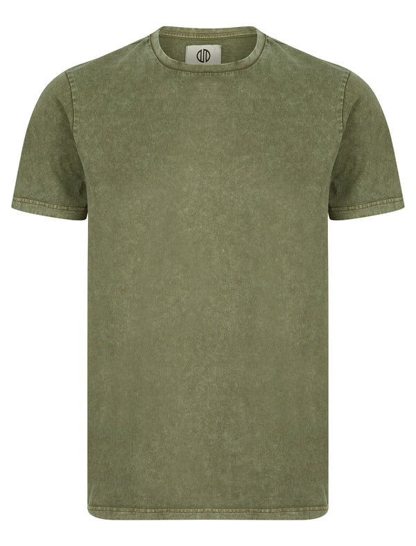 Celadon Acid Wash Cotton Jersey Crew Neck T-Shirt in Olive Green - Nordam