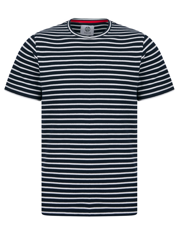 Alscot Breton Stripe Stretch Cotton Crew Neck T-Shirt in Sky Captain Navy / White - Nordam