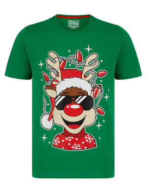 Men's Reindeer Lights Motif Novelty Cotton Christmas T-Shirt in Abundant Green - Merry Christmas