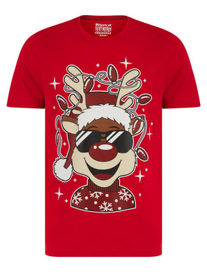 Men's Reindeer Lights Motif Novelty Cotton Christmas T-Shirt in Barados Cherry - Merry Christmas