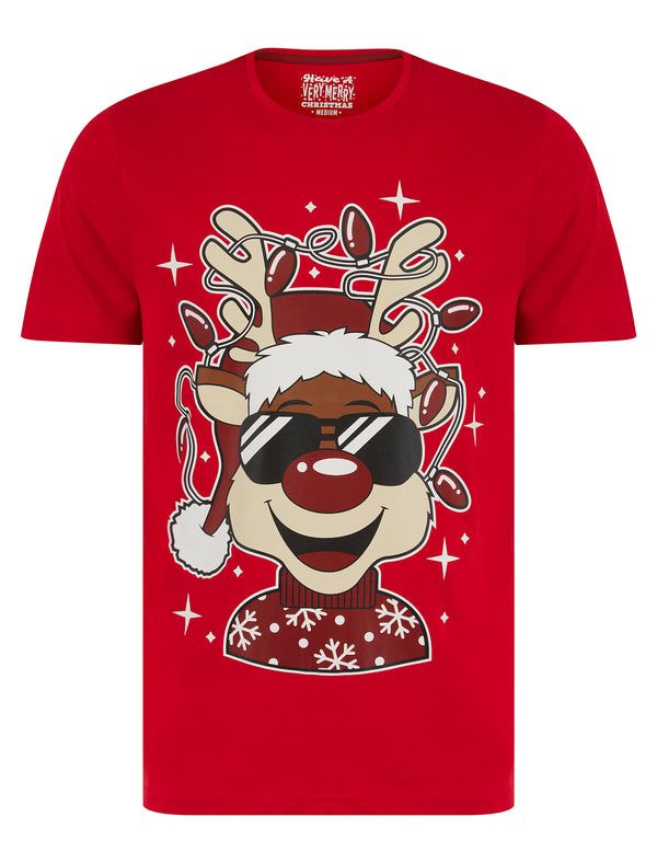 Men's Reindeer Lights Motif Novelty Cotton Christmas T-Shirt in Barados Cherry - Merry Christmas