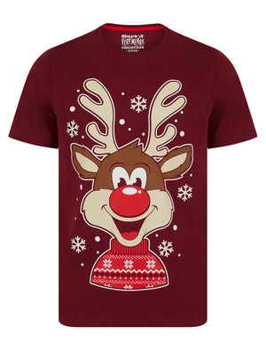 Men's Snowflake Reindeer Motif Novelty Cotton Christmas T-Shirt in Cabernet - Merry Christmas