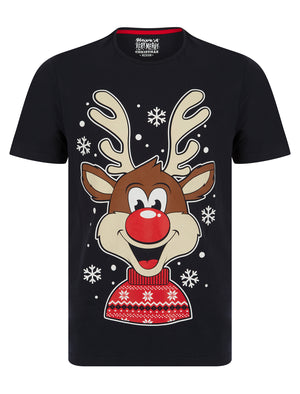 Men's Snowflake Reindeer Motif Novelty Cotton Christmas T-Shirt in Sky Captain Navy - Merry Christmas