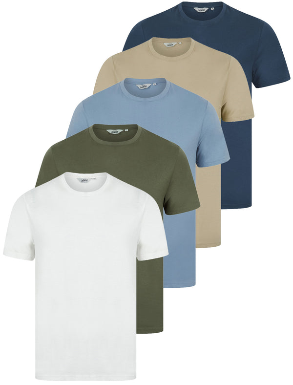 Spectre (5 Pack) Crew Neck Cotton T-Shirts in Dark Denim / Trench Coat / Rainwashed Blue / Mulled Basil / Snow White - Tokyo Laundry