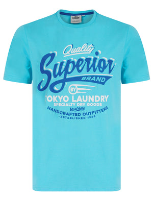 Argyle Vintage Retro Motif Cotton Jersey T-Shirt in Aquarius Blue - Tokyo Laundry