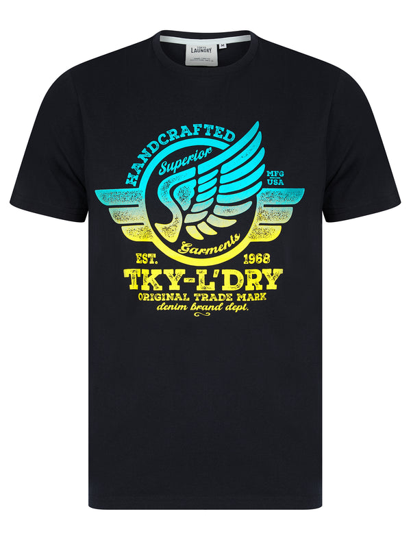 Debenham Gradient Ombre Vintage Retro Motif Cotton Jersey T-Shirt in Sky Captain Navy - Tokyo Laundry