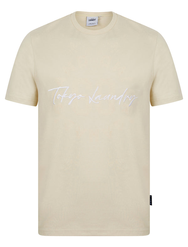 Carcle Embroidery & Print Motif Cotton Jersey T-Shirt in Rainy Day Beige - Tokyo Laundry