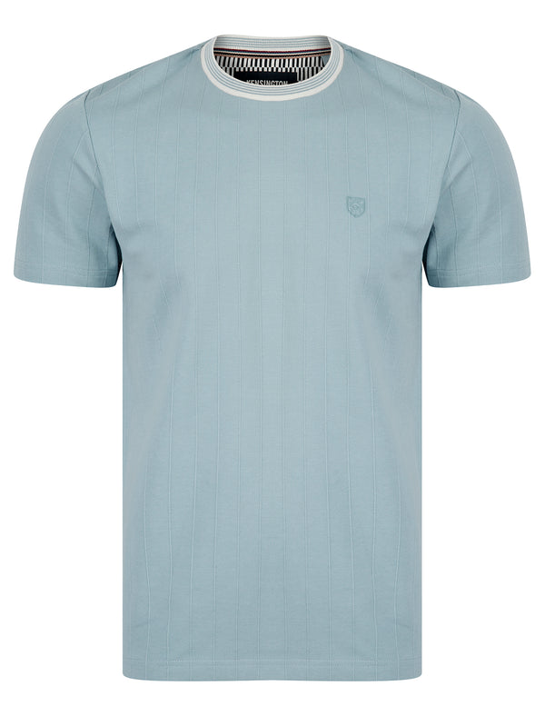 Windmill Stretch Cotton Pique Striped Crew Neck Ringer T-Shirt in Soft Chambray - Kensington Eastside