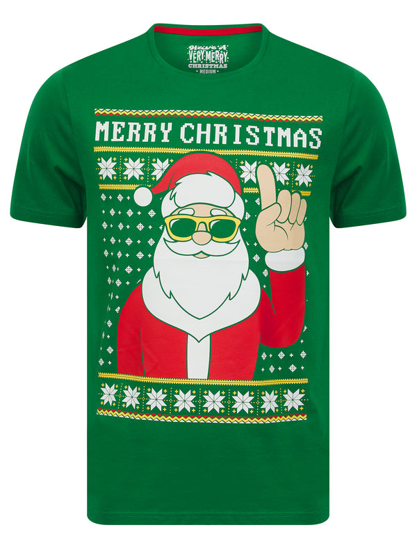 Men's Garforth Santa Claus Motif Novelty Cotton Christmas T-Shirt in Abundant Green - Merry Christmas