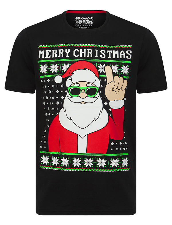 Men's Garforth Santa Claus Motif Novelty Cotton Christmas T-Shirt in Jet Black - Merry Christmas