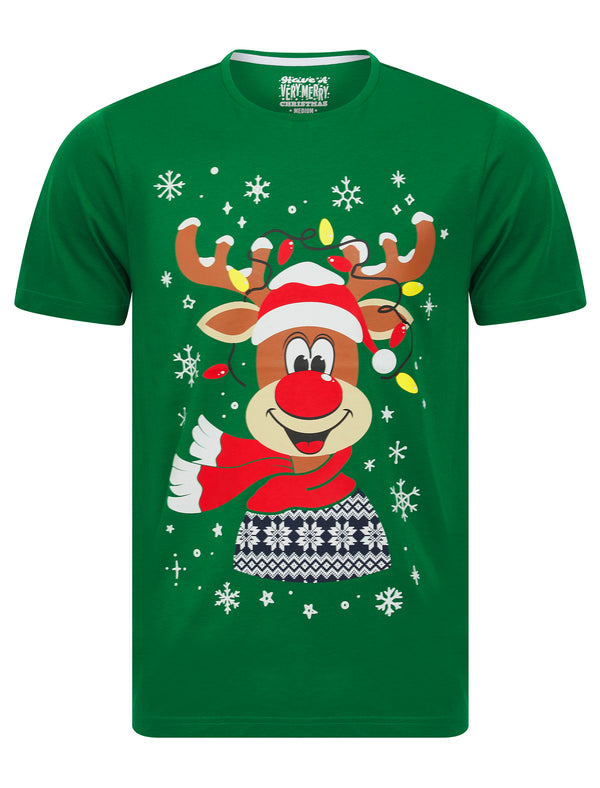Men's Pudsery Reindeer Motif Novelty Cotton Christmas T-Shirt in Abundant Green - Merry Christmas