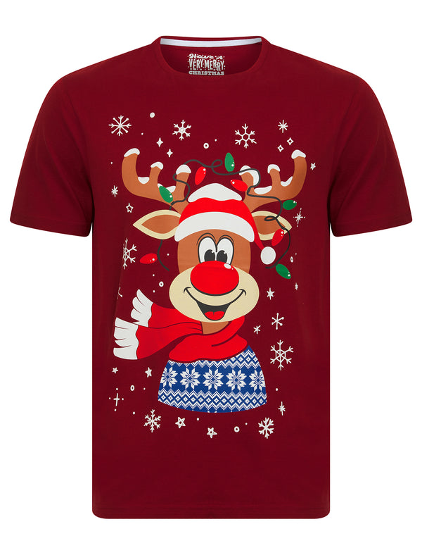 Men's Pudsery Reindeer Motif Novelty Cotton Christmas T-Shirt in Red Dahlia - Merry Christmas