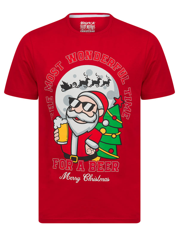 Men's Burley Santa Claus Motif Novelty Cotton Christmas T-Shirt in Formula One Red - Merry Christmas