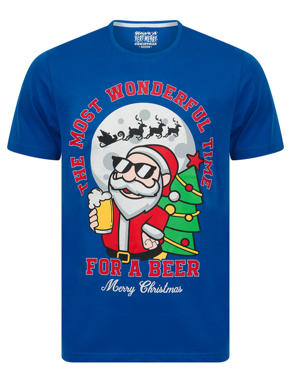 Men's Burley Santa Claus Motif Novelty Cotton Christmas T-Shirt in Turkish Sea - Merry Christmas