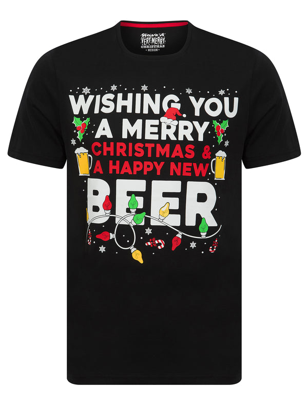Men's Collingham Beer Slogan Motif Novelty Cotton Christmas T-Shirt in Jet Black - Merry Christmas