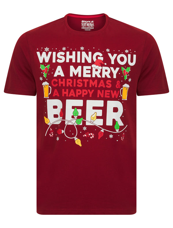 Men's Collingham Beer Slogan Motif Novelty Cotton Christmas T-Shirt in Red Dahlia - Merry Christmas