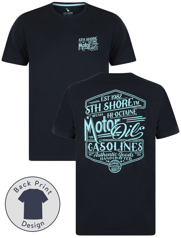 Ablett Back Print Vintage Retro Graphic Motif Cotton Jersey T-Shirt in Sky Captain Navy - South Shore