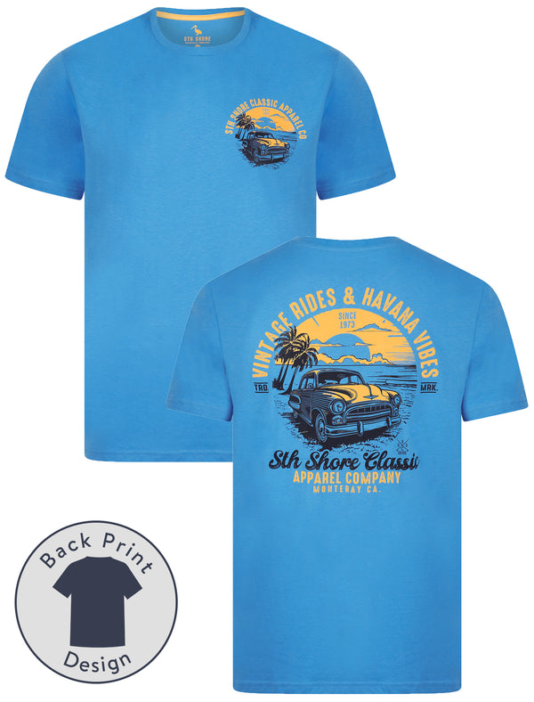 Agger Back Print Vintage Retro Graphic Motif Cotton Jersey T-Shirt in Azure Blue - South Shore