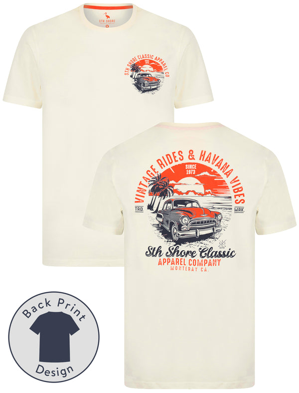 Agger Back Print Vintage Retro Graphic Motif Cotton Jersey T-Shirt in Snow White - South Shore