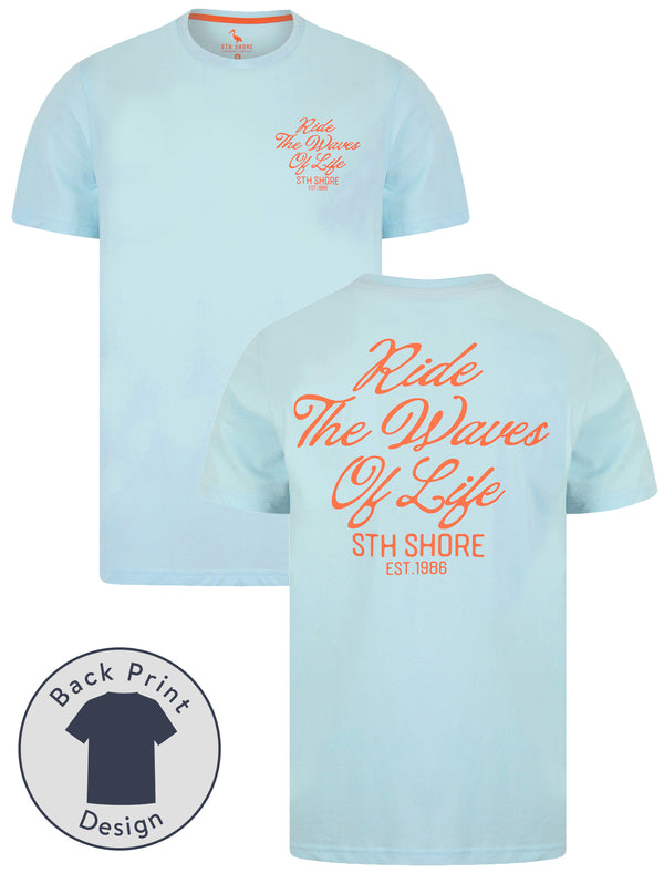 Aquilani Back Print Vintage Retro Graphic Motif Cotton Jersey T-Shirt in Omphalodes Blue - South Shore